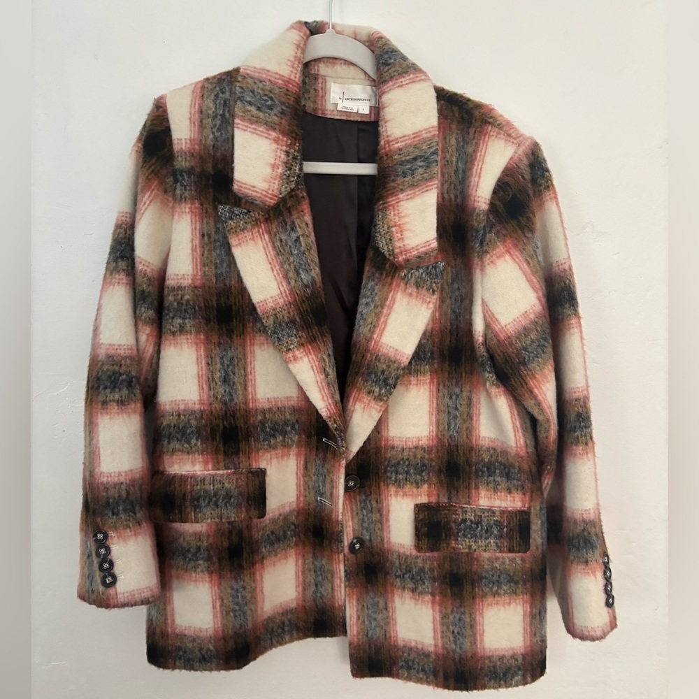Anthropologie Plaid Blazer in Pink, Brown, and Cream